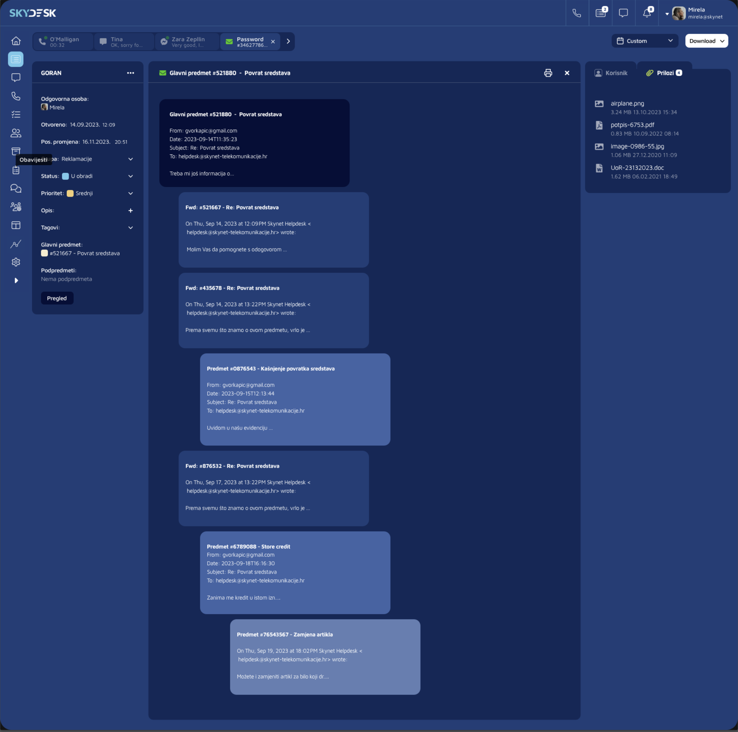 SkyDesk case detail with cross-channel timeline and attachments