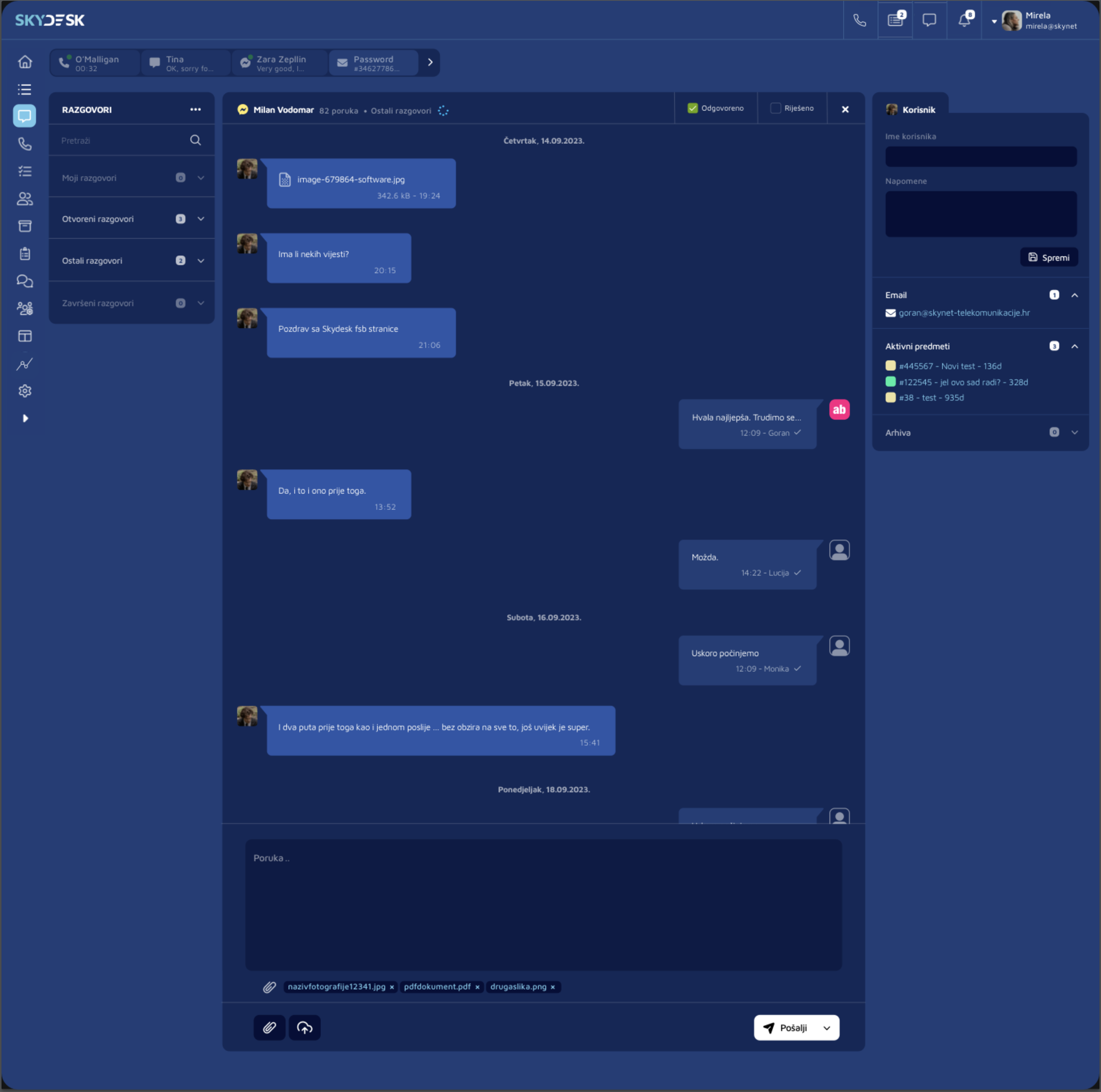 SkyDesk conversations view with an active customer chat, history, attachments and active cases panel